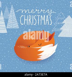 Vecteur de Noël carte de souhaits avec cartoon sleeping fox Illustration de Vecteur
