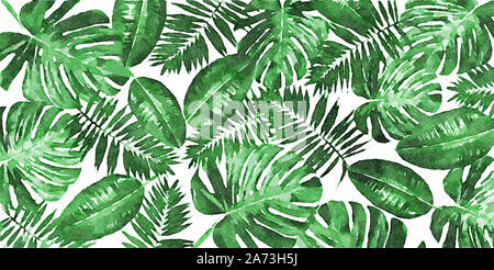 Peinture d'art numérique - composition mixte de feuilles vertes tropicales - monstera, Palm et de Ficus elastica sur fond blanc (effet aquarelle) Banque D'Images