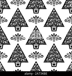 L'art populaire d'arbre de Noël sans vecteur modèle monochrome- design style scandinave avec les oiseaux, les fleurs et les flocons Illustration de Vecteur