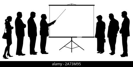 L'entraîneur de l'homme enseignant gestionnaire consultant chef exécutif patron avec l'aiguille stick montrant présentation sur l'écran de projection à des gens d'affaires groupe. Banque D'Images