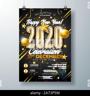 Célébration du Nouvel An 2020 Modèle d'Affiche Illustration avec ampoule feux Nombre et Gold Christmas Ball sur fond noir. Maison de vacances vecteur Illustration de Vecteur
