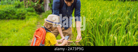 Père et fils identifier des plantes à l'aide de l'application sur un smartphone. Réalité augmentée BANNER, format long Banque D'Images