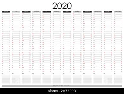 Calendrier en polonais pour 2020. Planificateur et organisateur de l'année. Mise en page simple et lisible. Modèle pour l'entreprise. Espace libre pour le nom et d'autres. Illustration de Vecteur