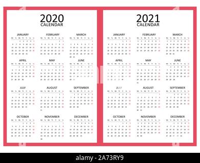 Mise en page simple calendrier pendant deux années 2020 et 2021. Commence lundi. English version les calendriers. Week-end samedi et dimanche. Modèle pour votre graphique. Illustration de Vecteur