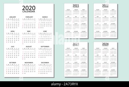 Calendrier pour 2020, 2021, 2022, 2023 et 2024. Un ensemble de 5 calendriers avec un simple regard et la mise en page. De début de la semaine à partir de dimanche. Modèle vecteur isolé. Illustration de Vecteur