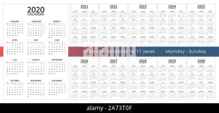 Grand jeu de 11 ans calendrier. Une page et 12 mois. De début de la semaine à partir de lundi. La semaine du lundi au dimanche. Isolé sur fond blanc. La conception de la papeterie. Illustration de Vecteur