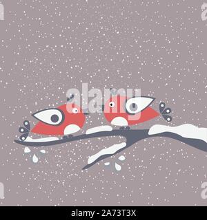 Deux oiseaux assis sur une branche dire 'Bonjour' d'hiver. Bonjour l'hiver avec carte cartoon un oiseaux sur une branche couverte de neige. Fond d'hiver. Ca souhaits Illustration de Vecteur