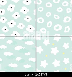Ensemble de quatre modèles transparente mignon avec des fleurs abstraites, des nuages et des étoiles pour un bébé. Collection sur un néo-mint arrière-plan. Motif floral sans fin. Illustration de Vecteur
