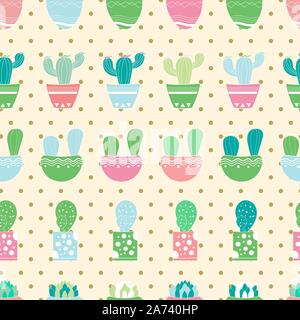 Joli motif transparent dessiné à la main avec les cactus et plantes succulentes. Cactus de couleur comme éléments décoratifs d'impressions. Polka Dots comme arrière-plan. Illustration de Vecteur