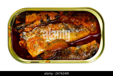 Ouvrir les filets de sardines épicé peut à la sauce tomate. Plus isolé sur fond blanc Banque D'Images