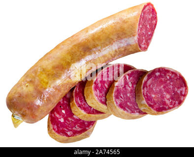 Avis de saucisson fumé et coupes. Plus isolé sur fond blanc Banque D'Images