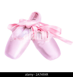 Le ballet des chaussons chaussures de danse avec un arc de rubans joliment pliées sur fond sombre Banque D'Images