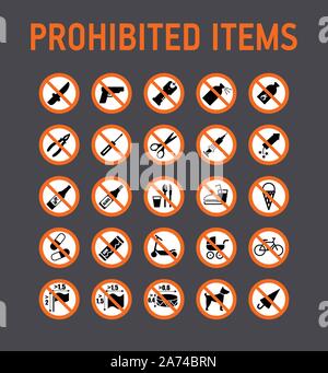 Les panneaux d'interdiction collection contrôle de sécurité à stade lors des évènements de masse. Illustration de Vecteur