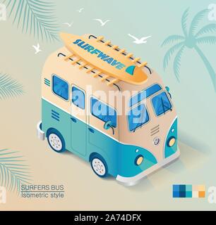 Vieux bus sur la plage avec une planche de surf en style isométrique dessiné. Vacances d'été. Illustration de Vecteur