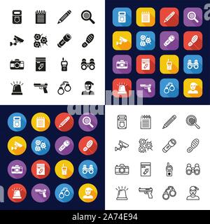 Détective de Police Tous les icônes Les icônes dans un White-Color -Noir & Design-Thin- télévision ligne Set Illustration de Vecteur