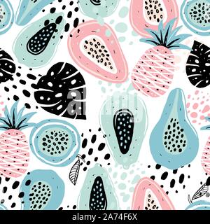 Modèle sans couture avec fruits moderne créative. Tendance à la main arrière-plan. Abstract pattern de la papaye ananas et fruits de la passion. Modèle pour Illustration de Vecteur