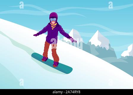 Femme ou homme équitation snowboard bas de la colline, le paysage de montagne. Bénéficiant d'hiver à l'extérieur. Télévision stock style vector illustration Illustration de Vecteur