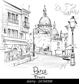 Croquis en noir et blanc vectoriel de la Place du Tertre et du Sacré-Coeur, trimestre Montmartre à Paris, France Illustration de Vecteur