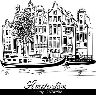 Le noir et blanc dessin à la main, vue sur la ville d'Amsterdam maisons typiques, en Hollande, aux Pays-Bas. Illustration de Vecteur