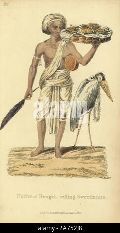 Originaire du Bengale en turban et pagne la vente de sucreries, tenant une plume de grue. Coloriée à la gravure sur cuivre par un artiste inconnu de 'costumes asiatiques', Ackermann, Londres, 1828. Banque D'Images