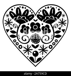 L'art populaire cœur floral design vectoriel, heureux motif en noir et blanc avec des fleurs - Scandinavian Valentines Day carte de vœux ou d'invitation de mariage, han Illustration de Vecteur