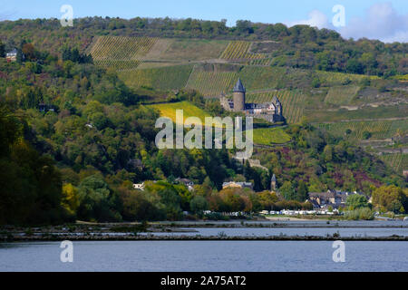 Burg château Stahleck et ville de Bacharach sur le Rhin en automne, Rhineland Banque D'Images