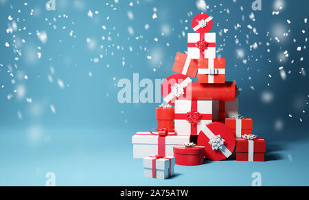 Une pile de gift wrapped christmas presents et la neige de l'automne. 3D illustration. Banque D'Images