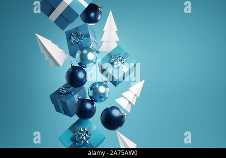 La chute d'éléments de Noël y compris présente, et babioles xmas trees. Abstract 3D illustration festive Banque D'Images