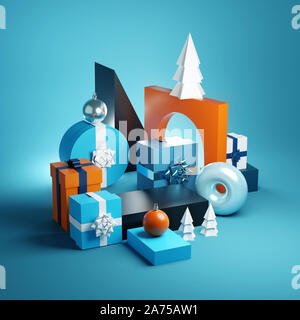Un résumé sur le thème de noël contemporain moderne avec l'arrière-plan présente babioles et. 3D illustration Banque D'Images