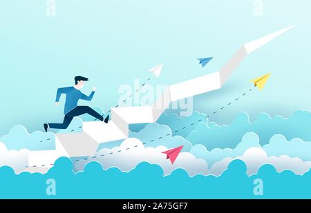 Un homme est de sauter sur l'escalier, Étapes vers le succès. La conception des idées d'affaires en EPS10 vector illustration. Banque D'Images