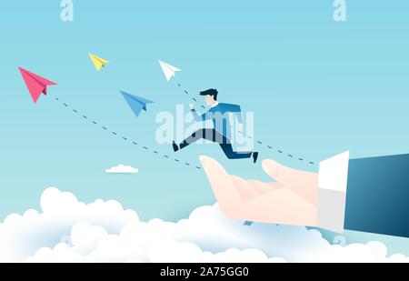 Un homme est de sauter sur l'escalier, Étapes vers le succès. La conception des idées d'affaires en EPS10 vector illustration. Banque D'Images