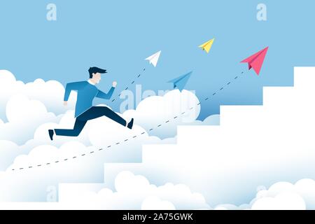 Un homme est de sauter sur l'escalier, Étapes vers le succès. La conception des idées d'affaires en EPS10 vector illustration. Banque D'Images