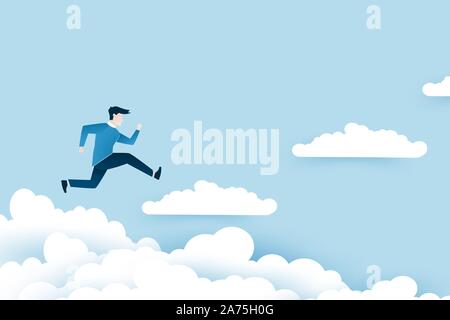 Un homme est de sauter sur l'escalier nuages , étapes de la réussite. La conception des idées d'affaires en EPS10 vector illustration. Banque D'Images