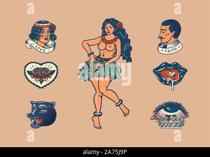 Ensemble de vintage school tattoo. Cartes de Jeu de caractères, Hawaiian woman, des lèvres et de la médecine, des médicaments phare, panthère, dés et serpent. Main gravée Illustration de Vecteur
