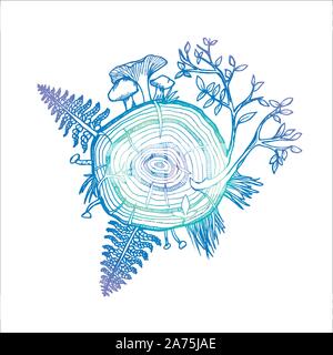 Dessin de néon la forêt. Fougère, arbre, champignons, gazon. Illustration de Vecteur