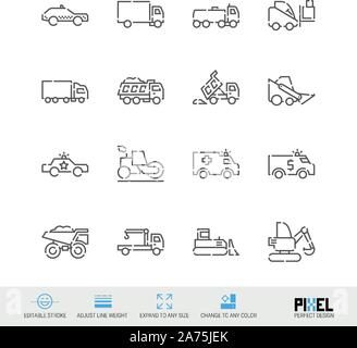 Les véhicules de construction spéciale et l'icône de la ligne du vecteur liées ensemble. Pixel design parfait. Avc. modifiable Régler l'épaisseur de ligne. Étendre à n'importe quelle taille. Illustration de Vecteur