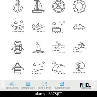 La sécurité de l'eau et les motomarines ligne vectorielle icon set. Pixel design parfait. Avc. modifiable Régler l'épaisseur de ligne. Étendre à n'importe quelle taille. Illustration de Vecteur