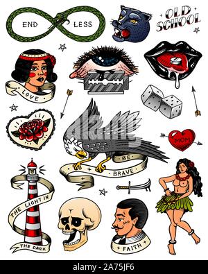 Ensemble de vintage old school tattoo. Cartes de Jeu de caractères, danseuse de hula hawaïenne femme, lèvres et phare, panthère, dés et serpent. Main gravée Illustration de Vecteur