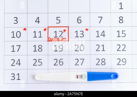 Test de grossesse négatif avec encerclant date dans le calendrier. Planification de la grossesse, l'essai d'avoir bébé. Banque D'Images