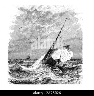 La conception romantique de voiliers dans la tempête, vignette typographique chapitre fin Banque D'Images