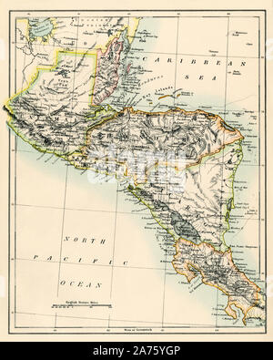 Carte de Belize, Guatemala, Honduras, El Salvador, le Nicaragua et le Costa Rica, 1870. Lithographie couleur Banque D'Images
