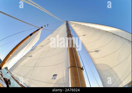 White sails soulevées, remplissage avec du vent, le schooner America 2.0 qui sillonnent les eaux turquoise au coucher de naviguer au large de Key West, Florida Keys, Floride, USA Banque D'Images