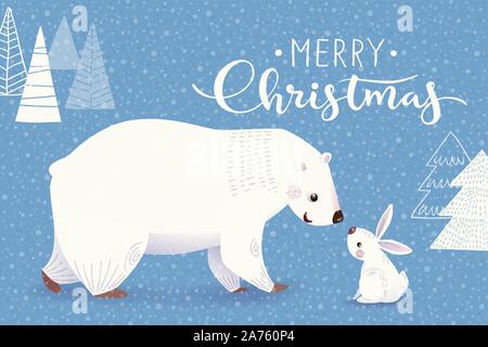 Carte de vœux de Noël d'hiver avec l'ours et le lapin de dessin animé Illustration de Vecteur