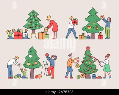 Ensemble d'illustration dans le style Noël avec garçon et fille se préparent à célébrer la nouvelle année. Couple habille arbre de Noël, cadeaux, wa donne Illustration de Vecteur