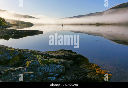 Un matin brumeux d'un voile de brouillard et de faible altitude, sur les rives du Loch Teacuis, Morvern, Highlands, Scotland Banque D'Images