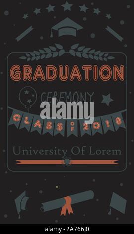 Cérémonie de remise des diplômes annonce. Classe de 2018. Style rétro. Style ancien sur fond sombre. Illustration de Vecteur