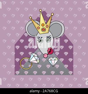 Illustration vecteur de caractères de rat. Cute animal souris femelle avec les lèvres et les diamants. Bonne année symbole de 2020. Hand drawn cartoon princesse dans le Illustration de Vecteur