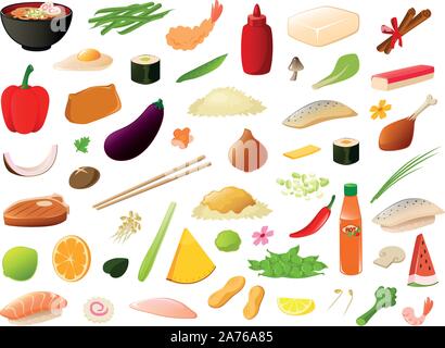 Vector illustration de divers ingrédients produit alimentaire asiatique. Illustration de Vecteur