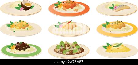 Vector illustration de diverses plaques d'aliments asiatiques vaisselle Illustration de Vecteur