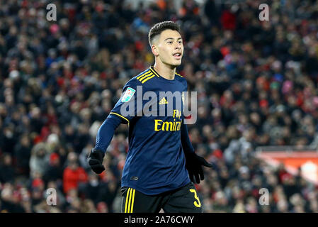 Liverpool, Royaume-Uni. 30Th Oct, 2019. Gabriel Martinelli d'Arsenal célèbre après avoir marqué son 3e but des équipes. Carabao tasse tasse, EFL Journée 4 match, Liverpool v Arsenal à Anfield Stadium à Liverpool le mercredi 30 octobre 2019. Cette image ne peut être utilisé qu'à des fins rédactionnelles. Usage éditorial uniquement, licence requise pour un usage commercial. Aucune utilisation de pari, de jeux ou d'un seul club/ligue/dvd publications. Photos par Chris Stading/Andrew Orchard la photographie de sport/Alamy live news Crédit : Andrew Orchard la photographie de sport/Alamy Live News Banque D'Images